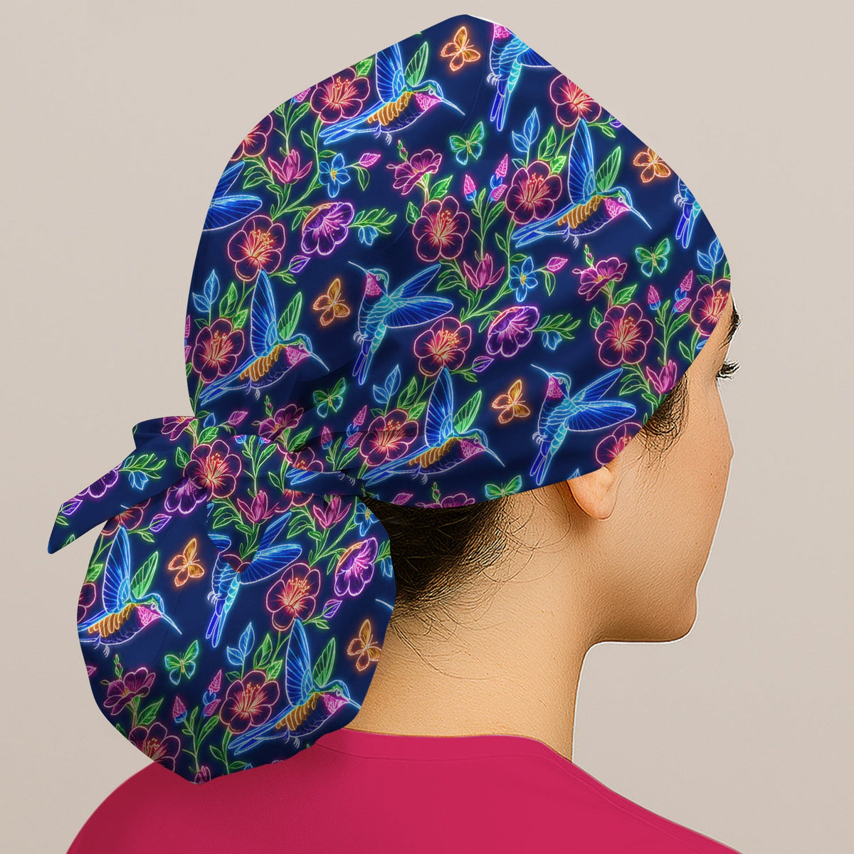 Neon Hummingbird Floral Garden Scrub Cap