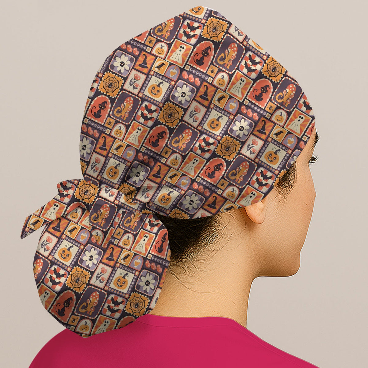 Retro Halloween Patchwork Scrub Cap