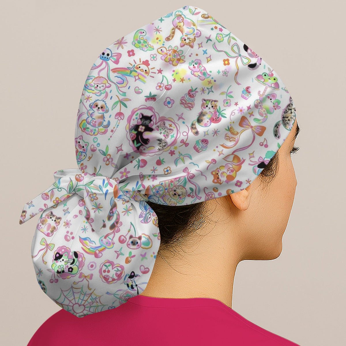 Kawaii Animal Rainbow Heart Scrub Cap