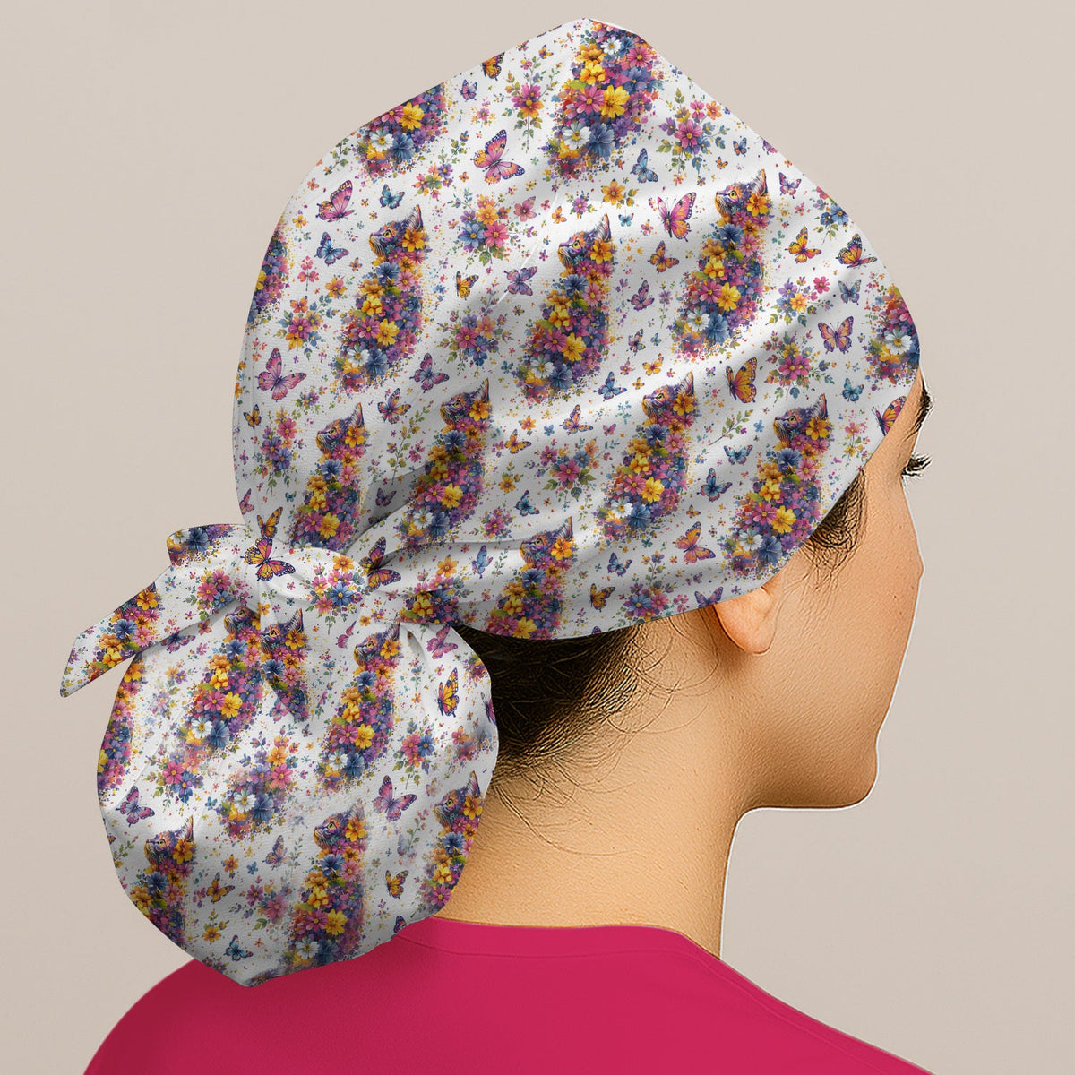 Floral Cat Butterfly Scrub Cap