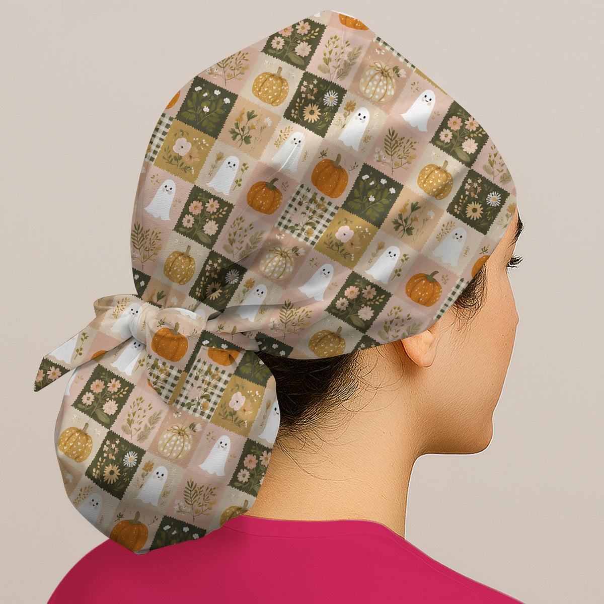 Halloween Ghost Pumpkin Patchwork Scrub Cap