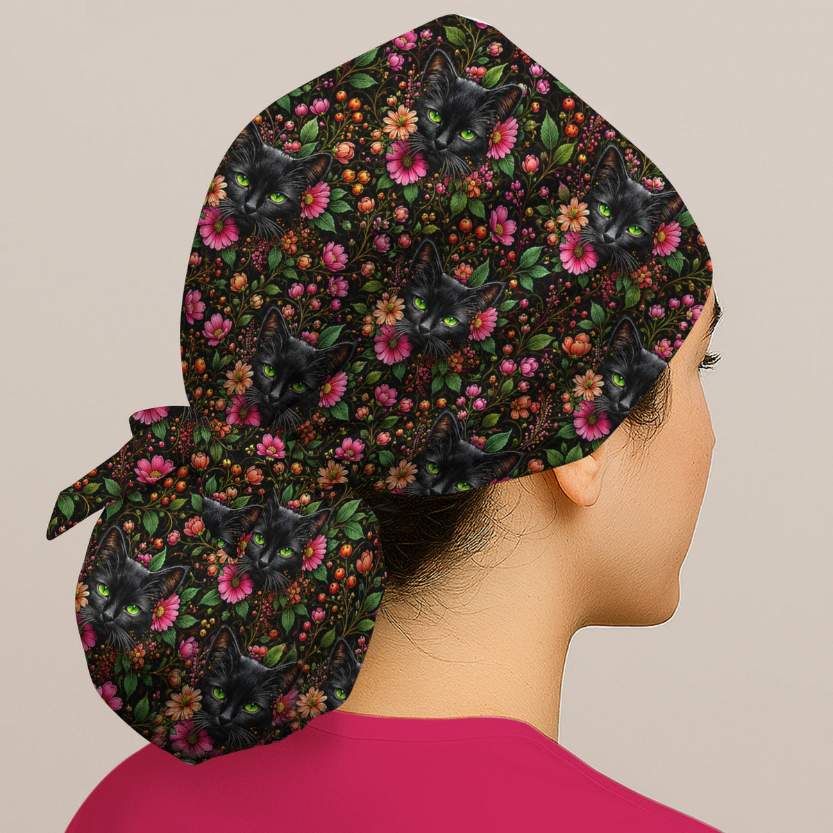 Adorable Black Cat Blossom Scrub Cap