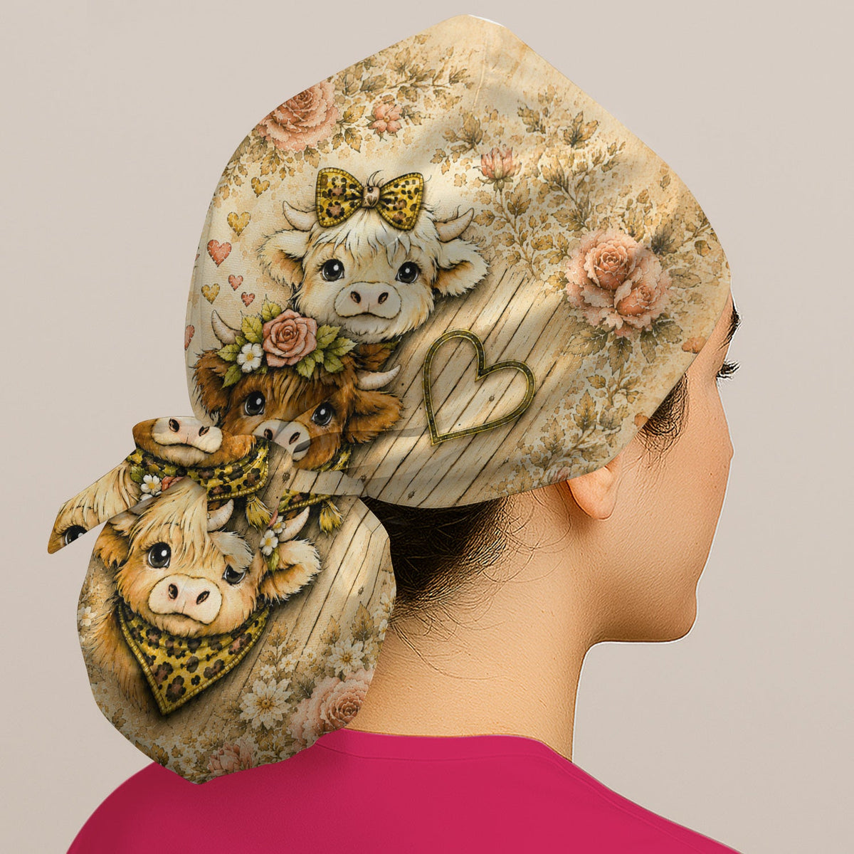 Highland Cow Floral Farmhouse Scrub Cap For Nurse