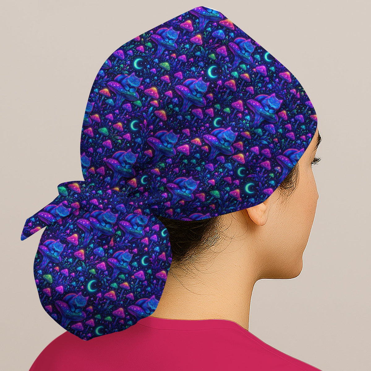 Neon Mushroom Cat Galaxy Scrub Cap
