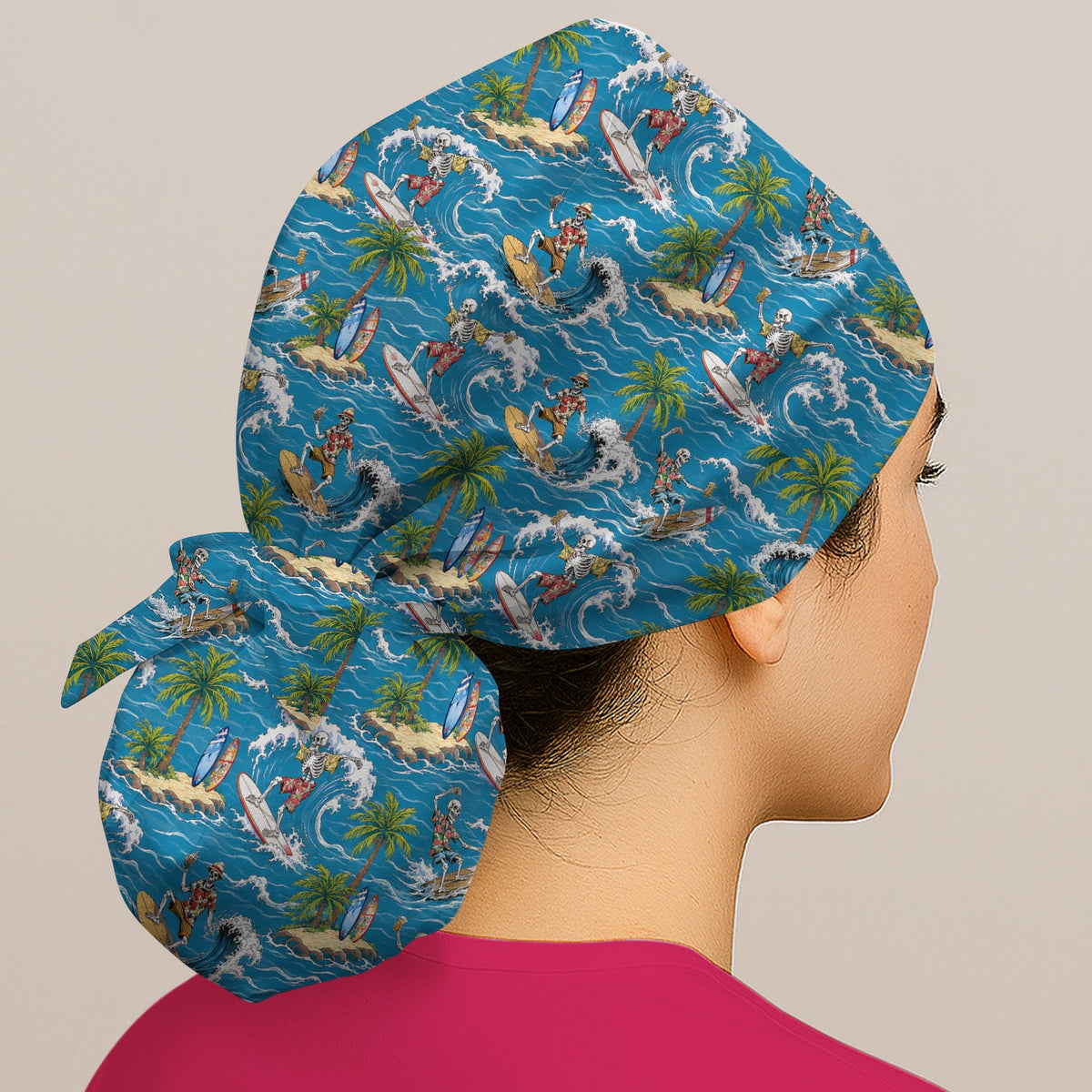 Spooky Tropical Skeleton Surfer Scrub Cap