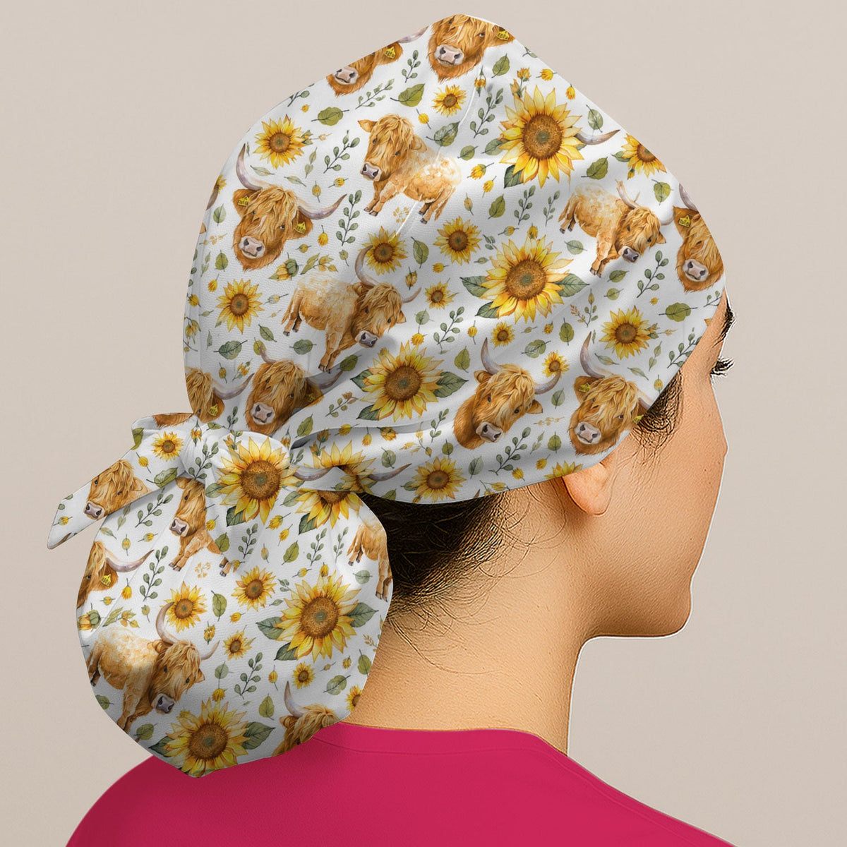 Highland Cow Sunflower Pattern Scrub Cap For Nurse