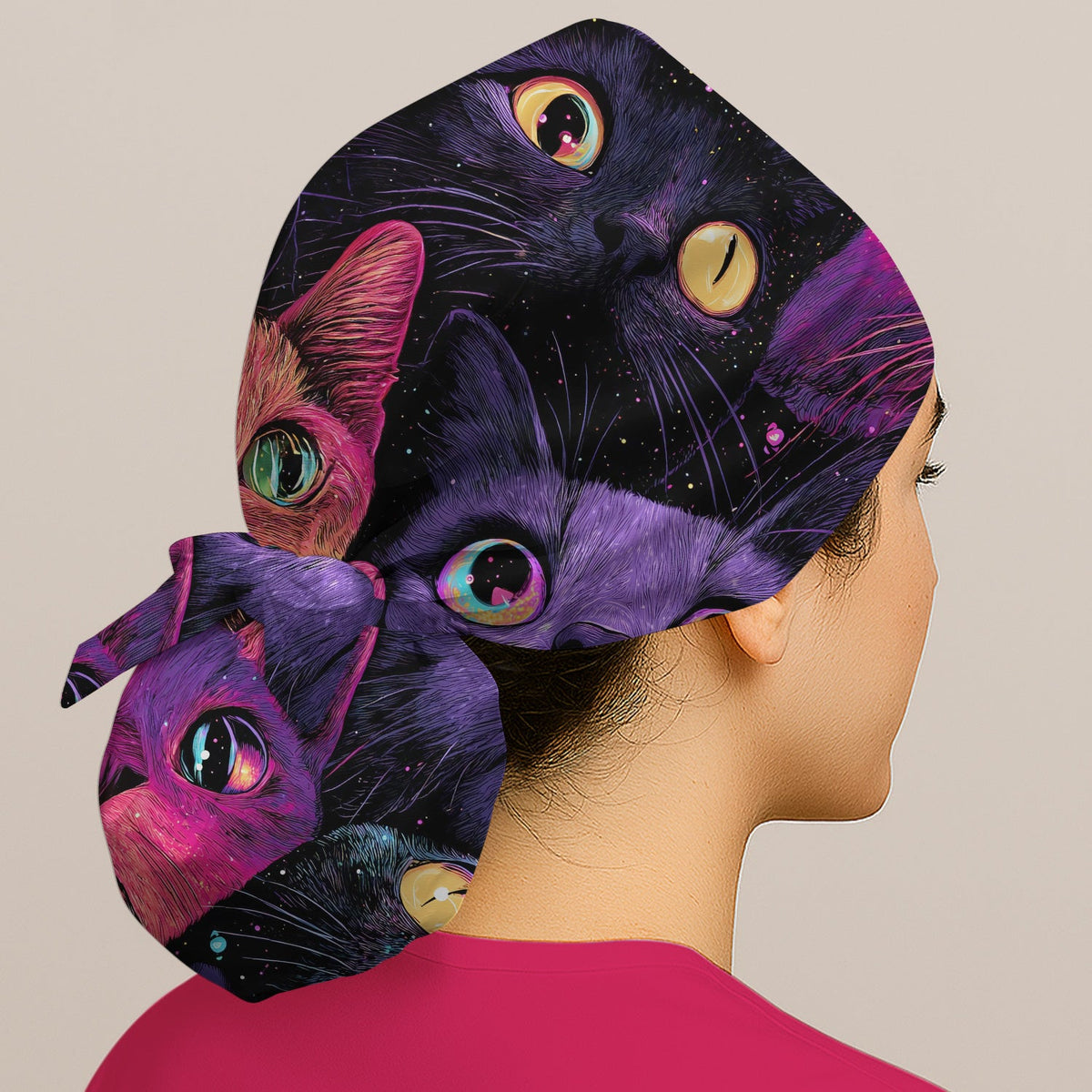 Colorful Neon Cat Faces Scrub Cap