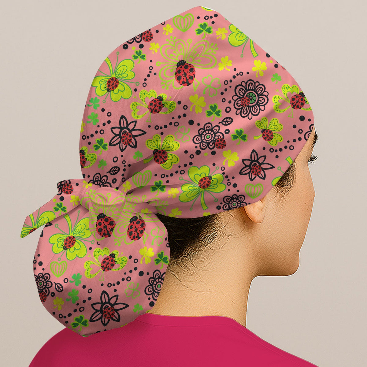 Ladybug Clover Floral Scrub Cap