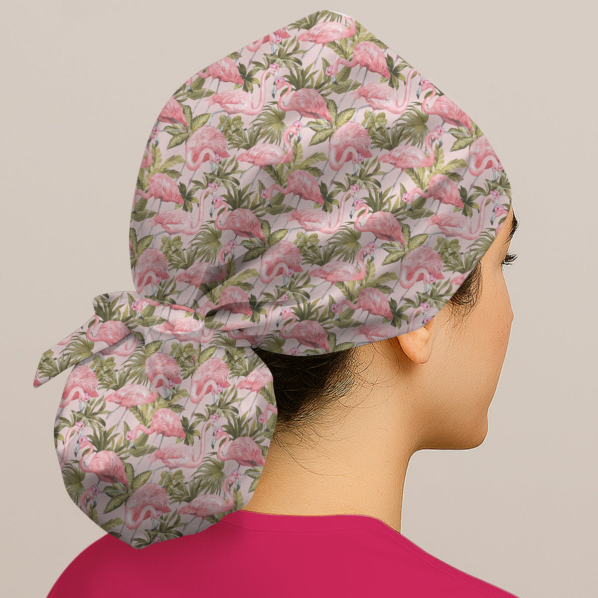 Pink Flamingo Jungle Leaves Scrub Cap