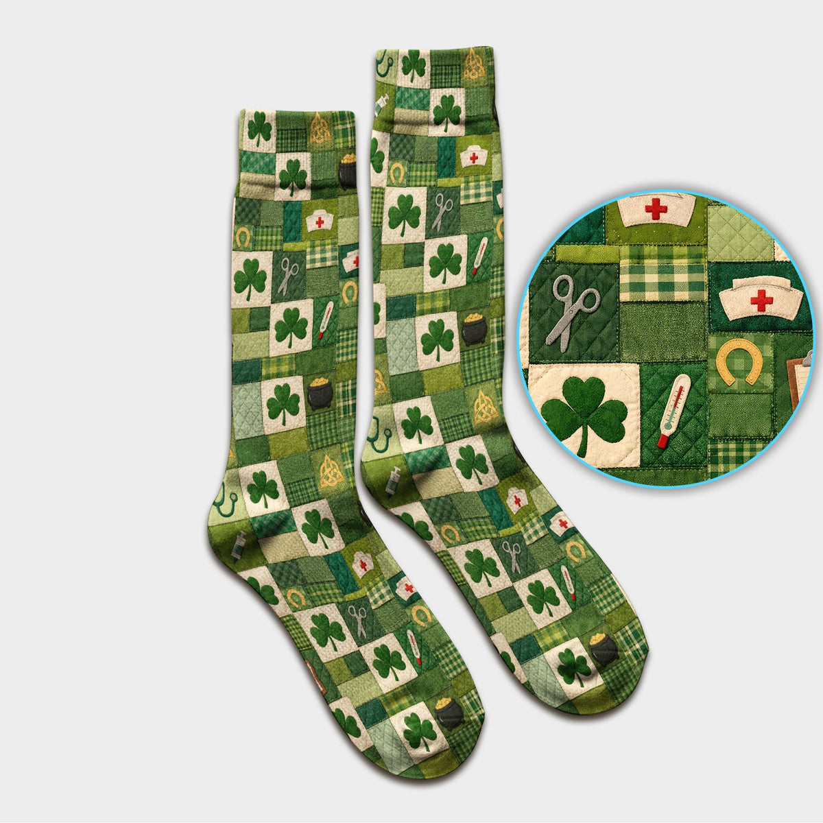 St Patrick Patchwork Shamrock Nurse Socks