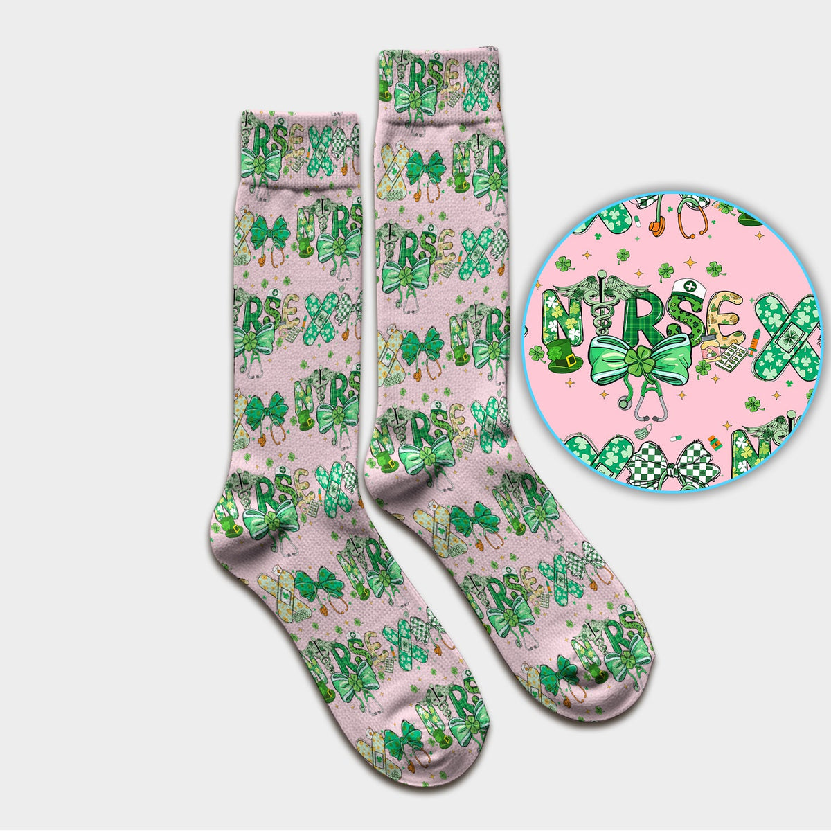 St Patrick Clover Green Bow Nurse Socks