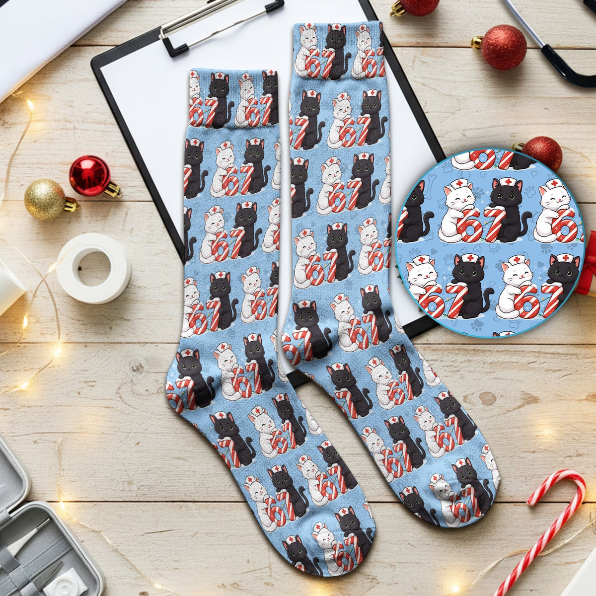 Xmas Cat Six Seven Nurse Socks