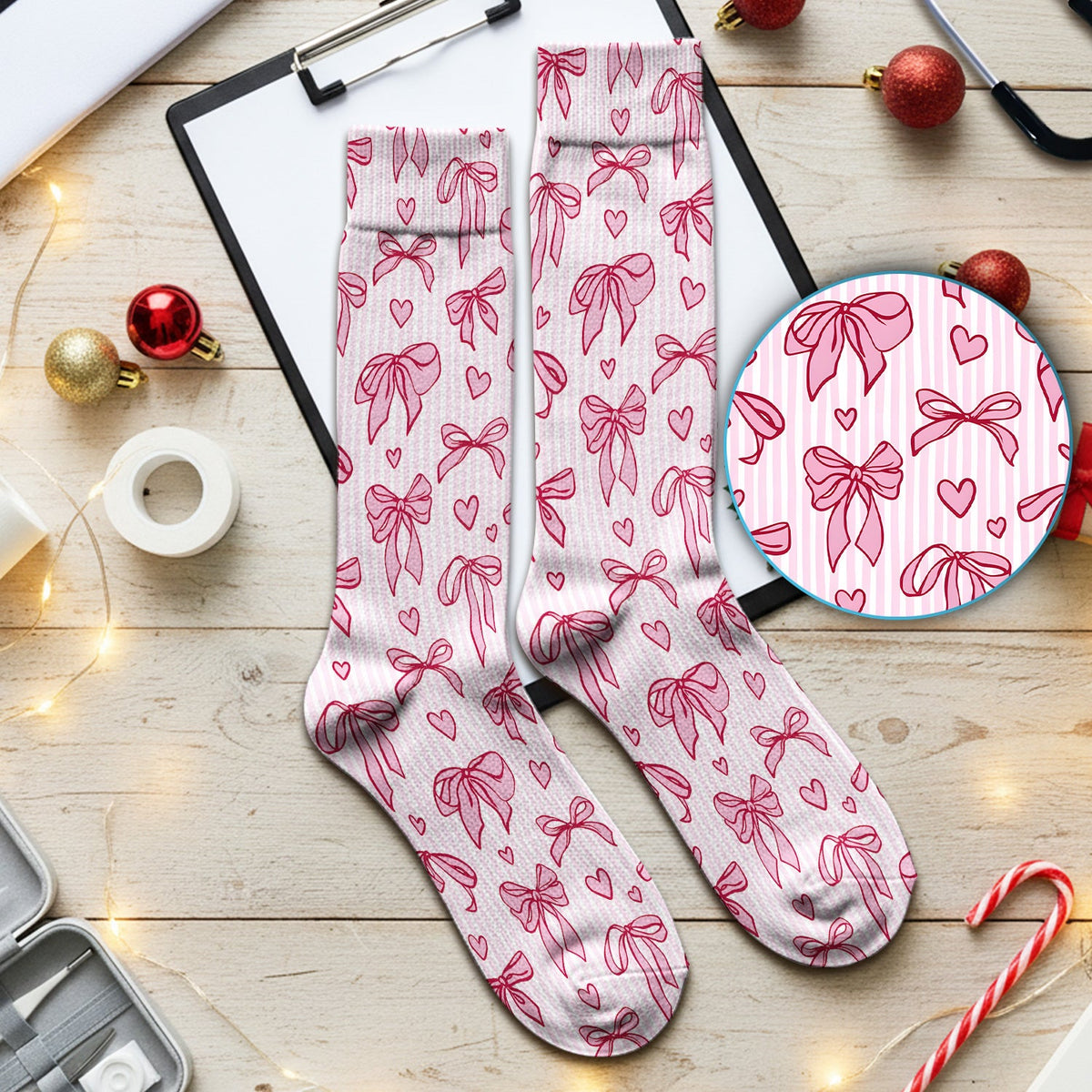 Pink Bow Heart Stripe Nurse Socks
