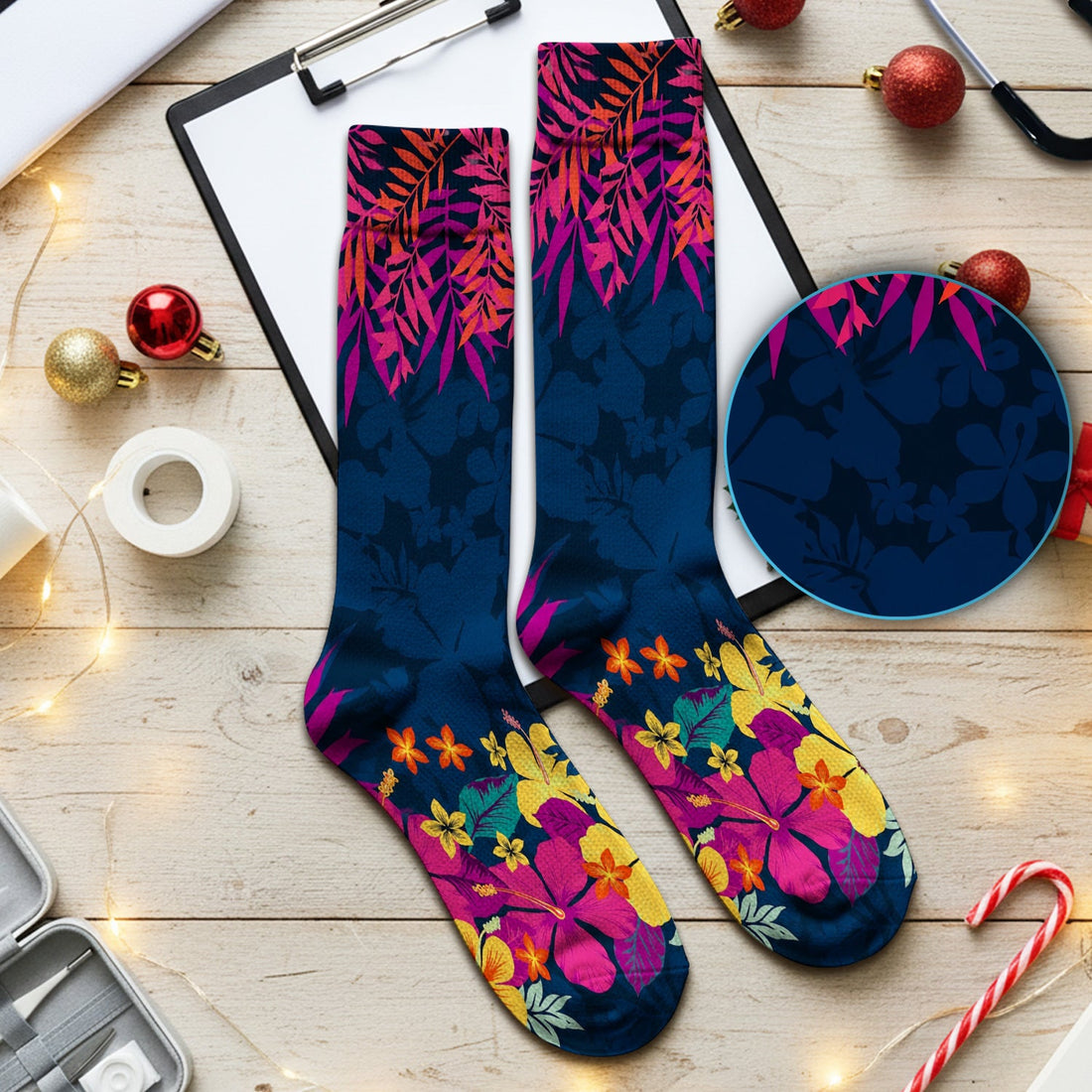 Tropical Hibiscus Palm Leaf Nurse Socks