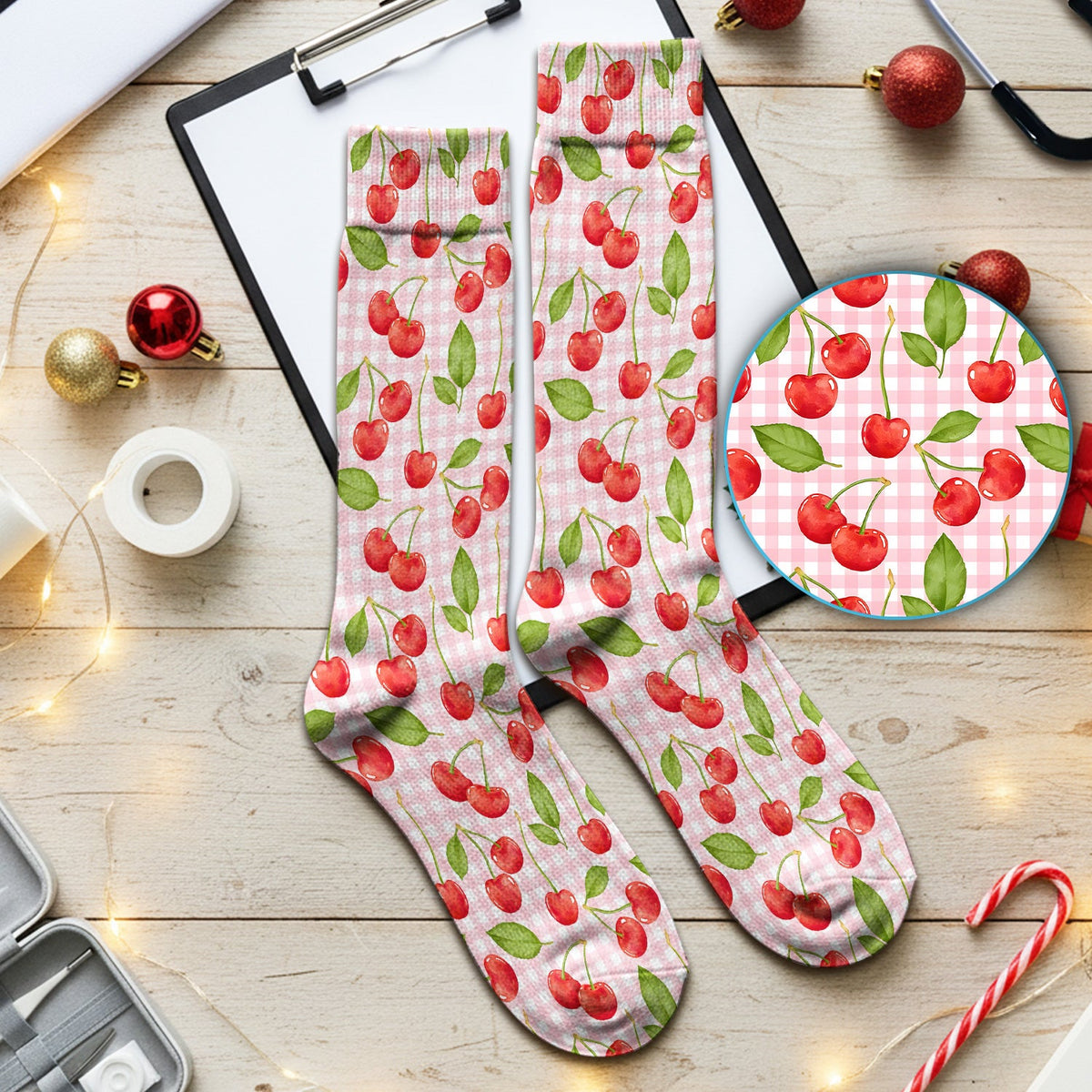 Sweet Red Cherry Gingham Nurse Socks