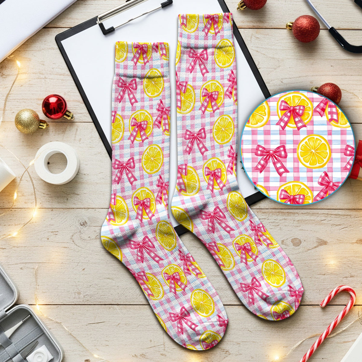 Lemon Slice Pink Bow Gingham Nurse Socks