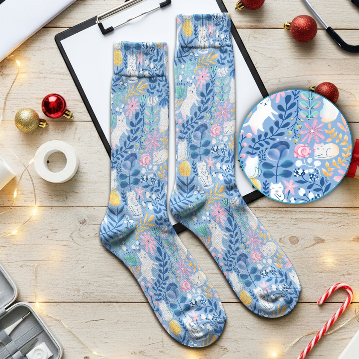 Whimsical Cat Floral Nurse Socks