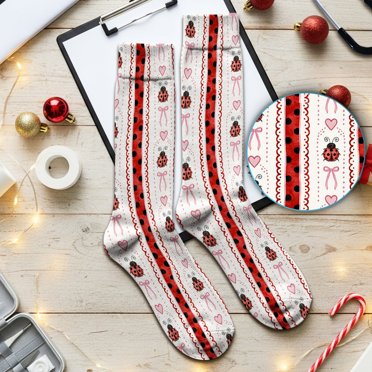 Ladybug Heart Bow Stripe Nurse Socks