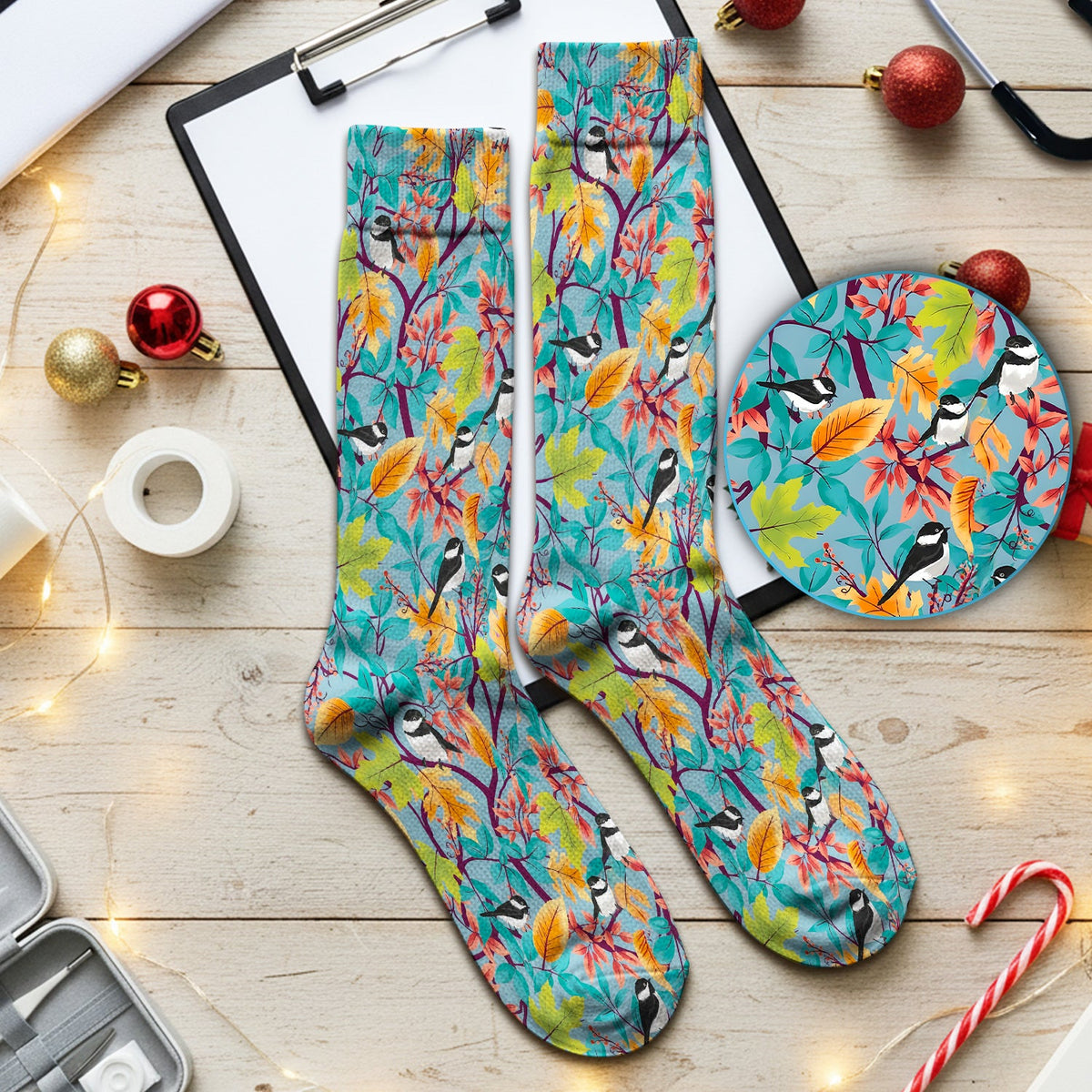 Autumn Leaf Chickadee Bird Nurse Socks