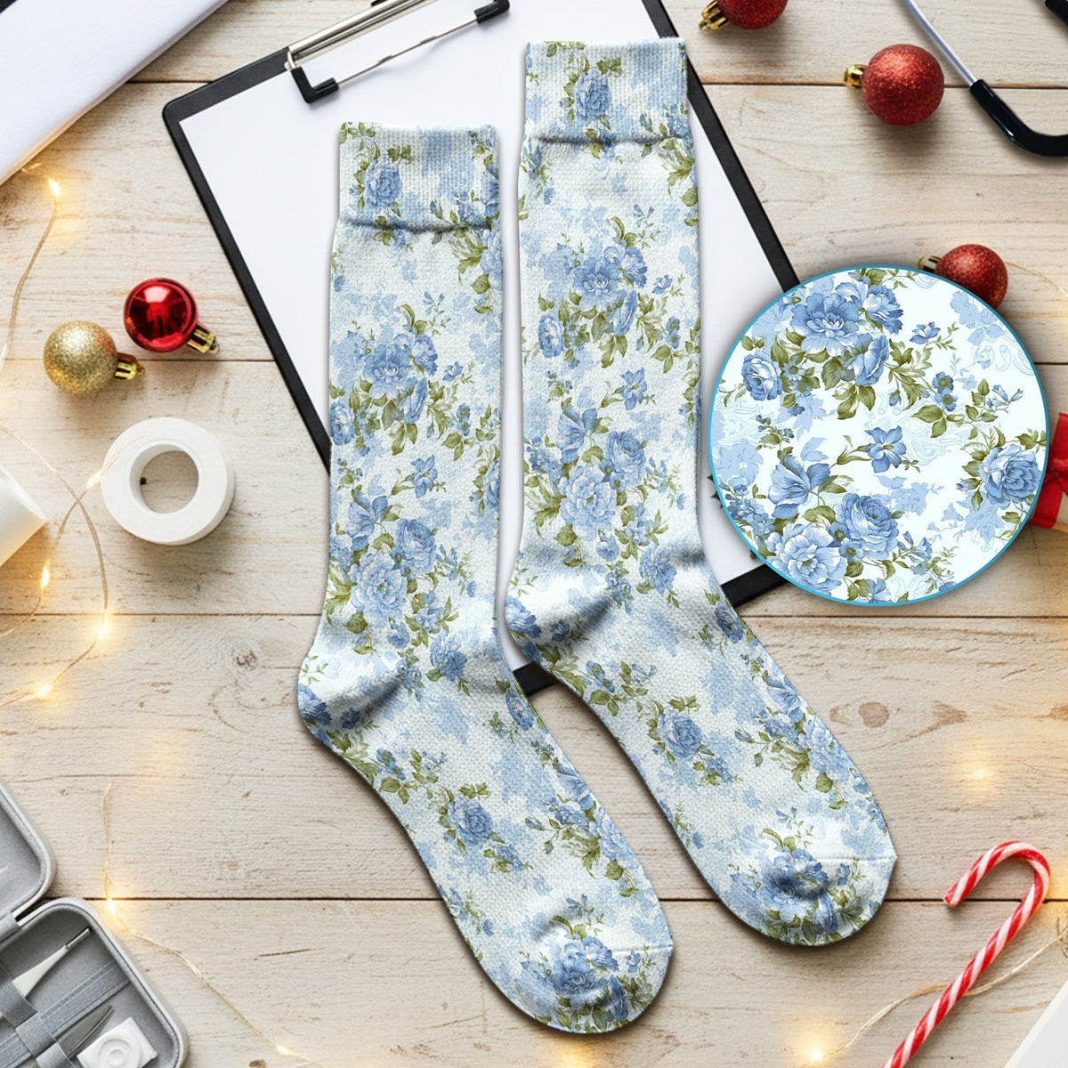 Cute Blue Floral Nurse Socks