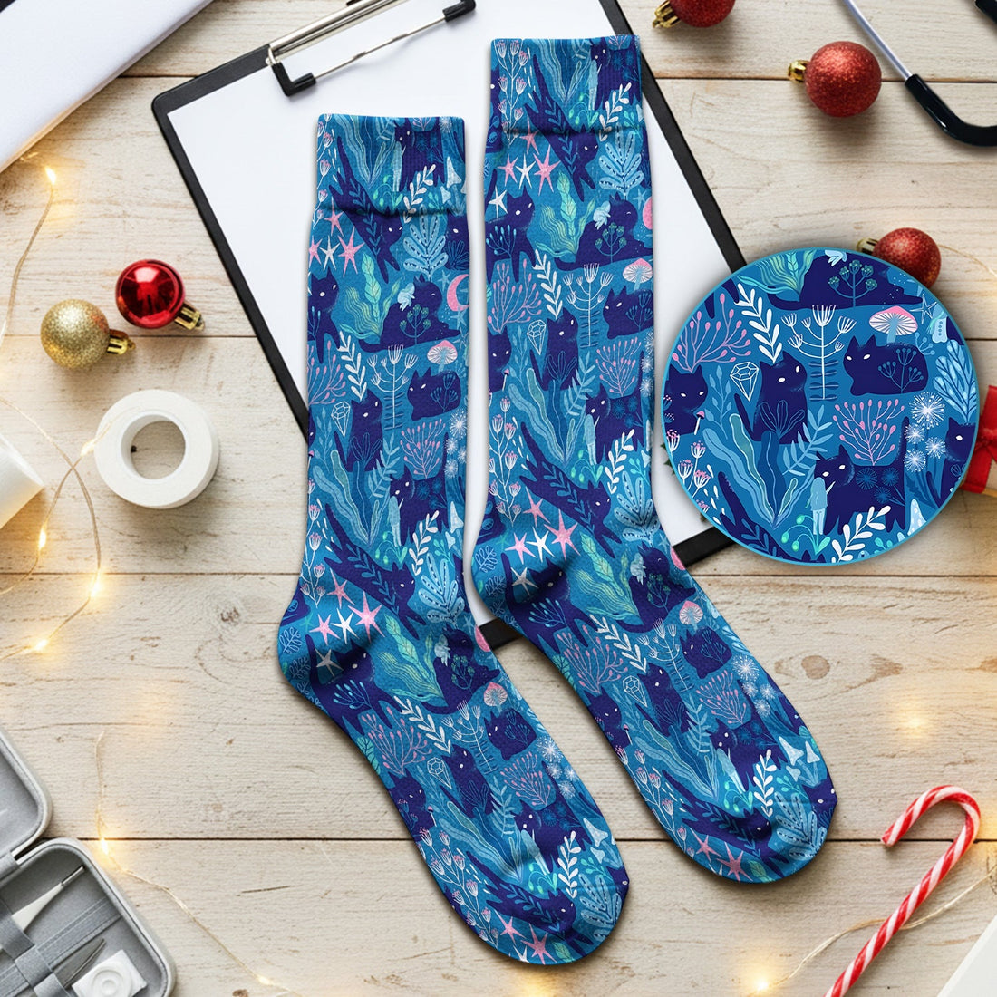 Adorable Celestial Cat Moon Star Nurse Socks
