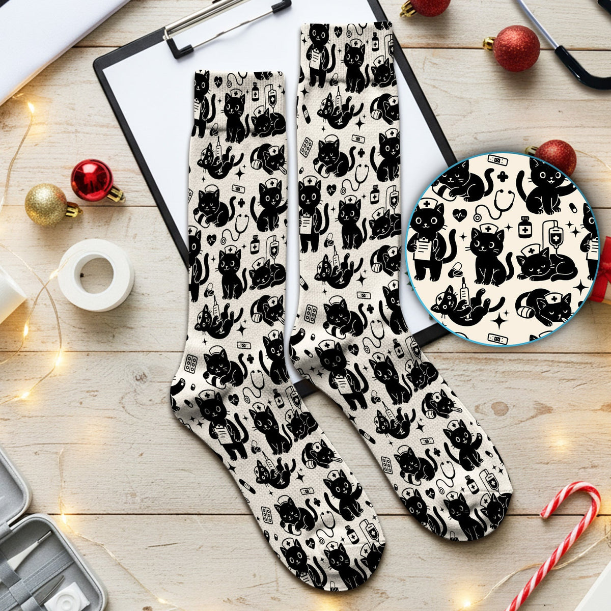 Cute White Black Cat Nurse Socks