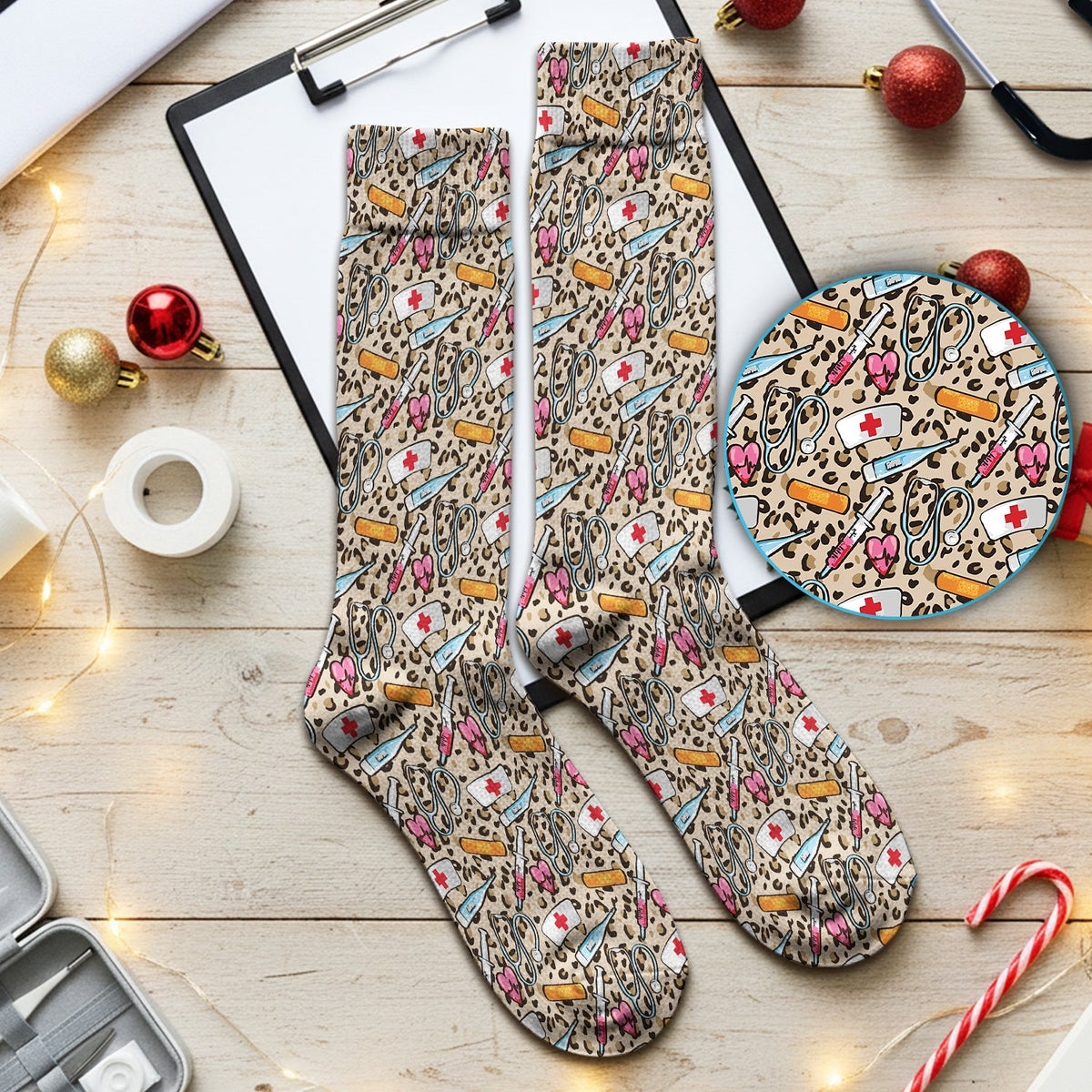 Leopard Medical Tools Pink Heart Nurse Socks