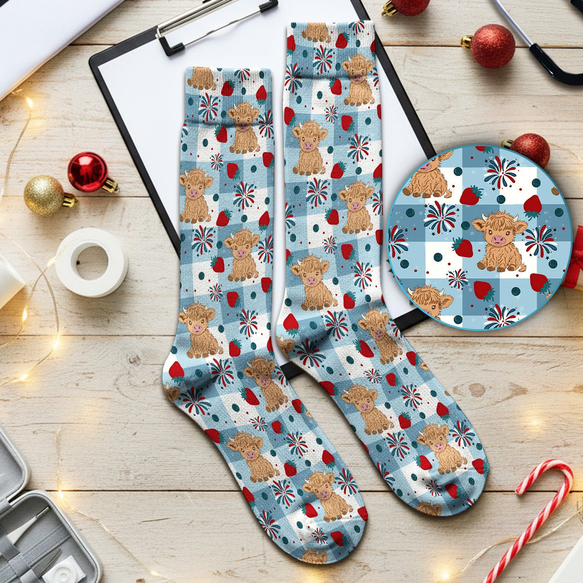 Highland Cow Strawberry Gingham Nurse Socks