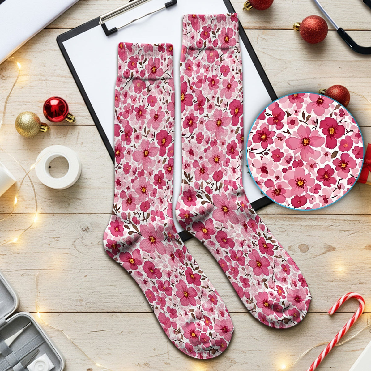 Pink Cherry Blossom Floral Nurse Socks
