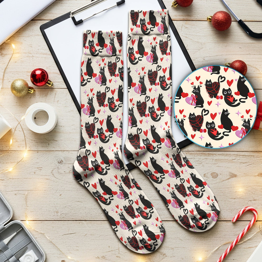Valentine's Day Black Cat Heart Nurse Socks