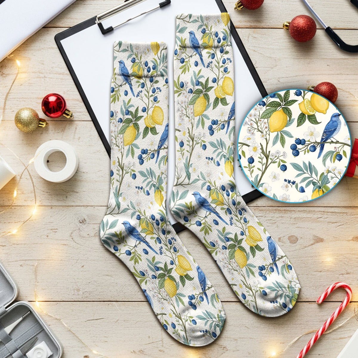 Cute Bluebird Lemon Berry Nurse Socks