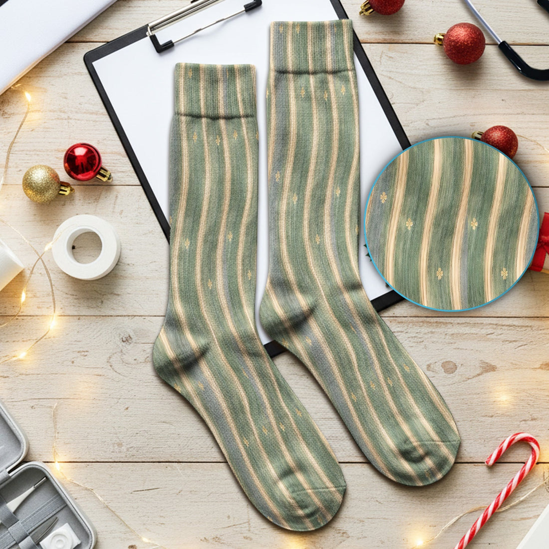 Nurse Green Vertical Stripe Floral Socks