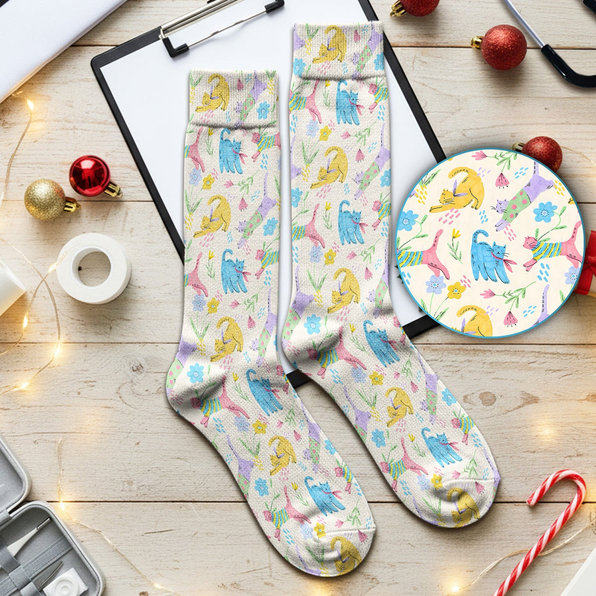 Colorful Cat Floral Nurse Socks