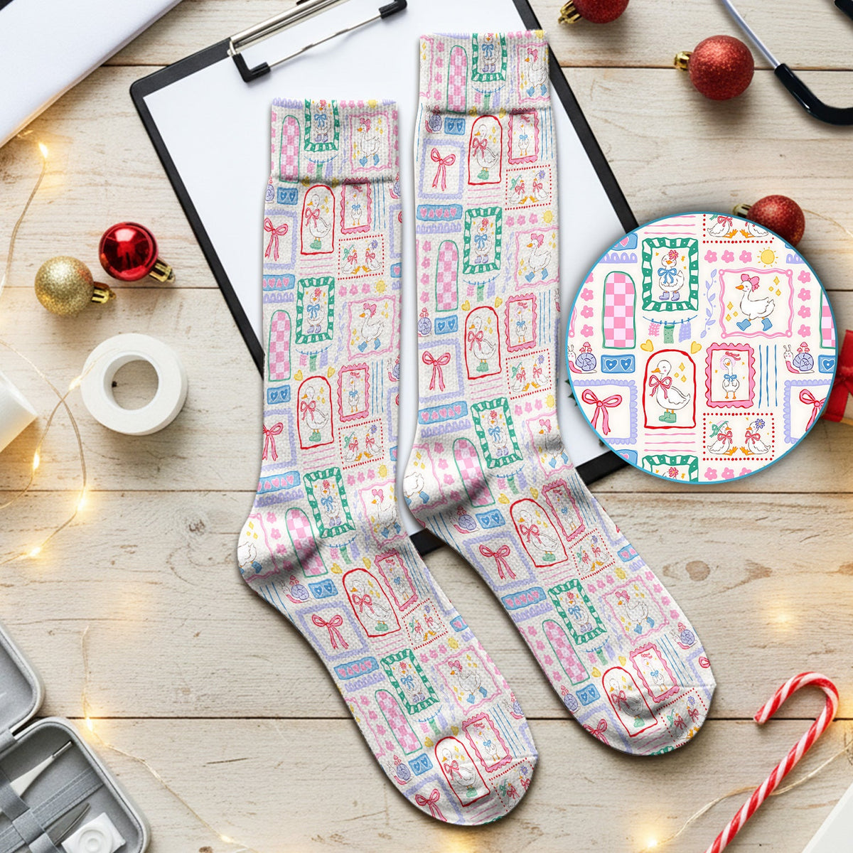 Adorable Goose Ribbon Patchwork Frame Nurse Socks