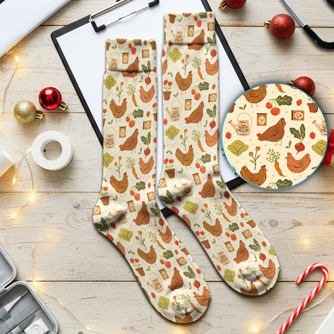 Rustic Farm Chicken Vegetable Nurse Socks