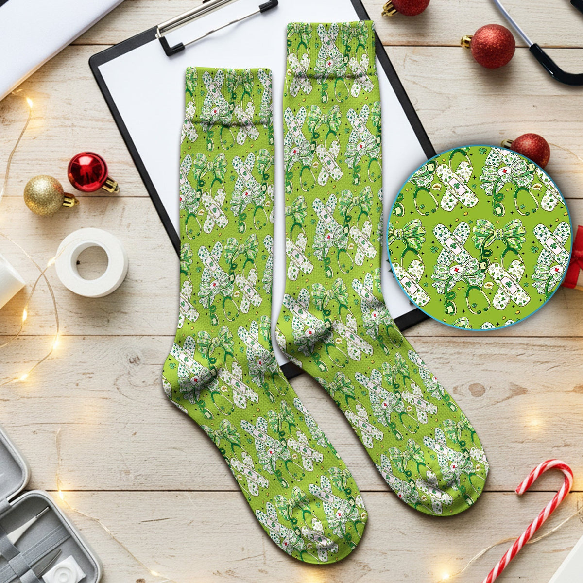 St Patrick Shamrock Stethoscope Nurse Socks