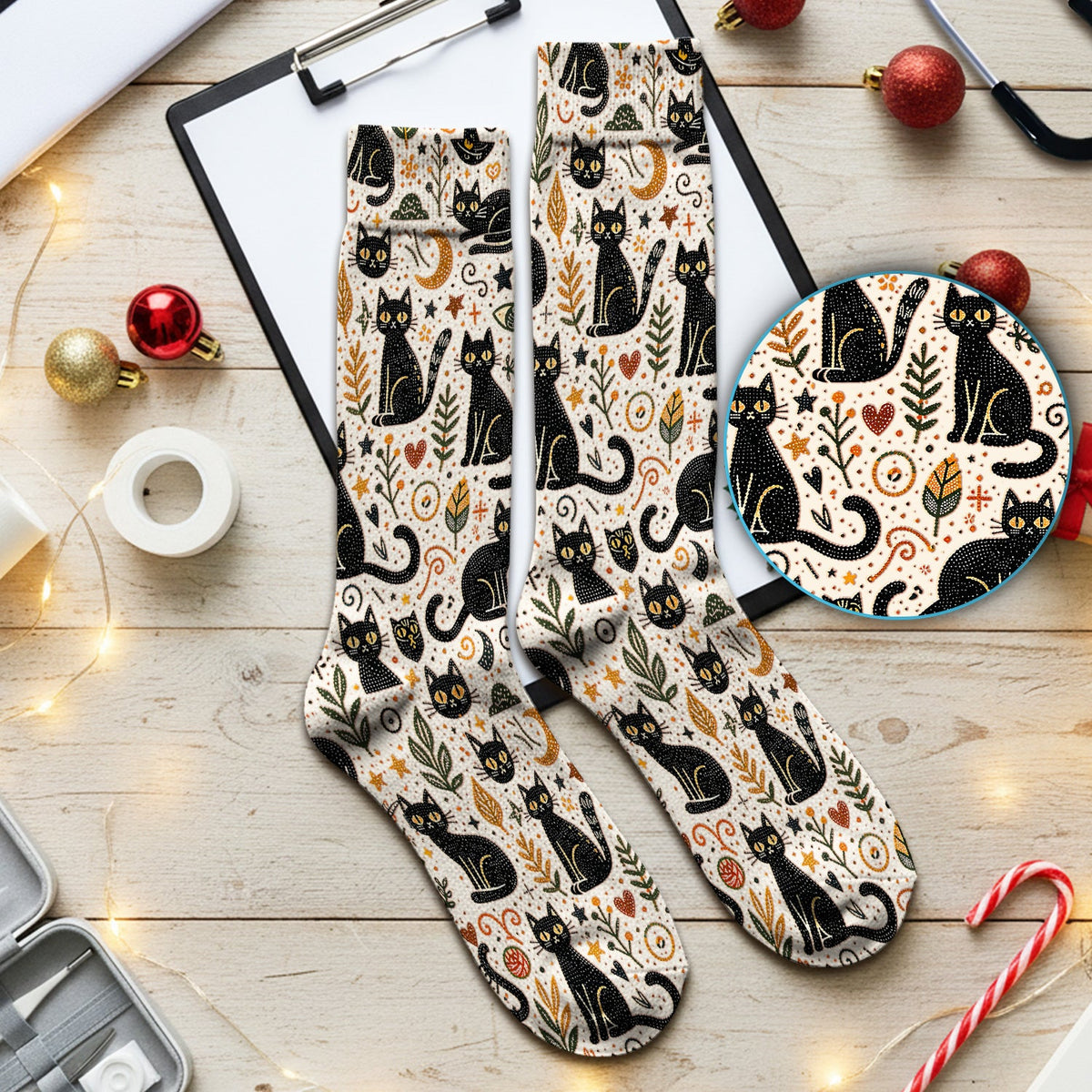 Mystic Black Cat Celestial Nurse Socks