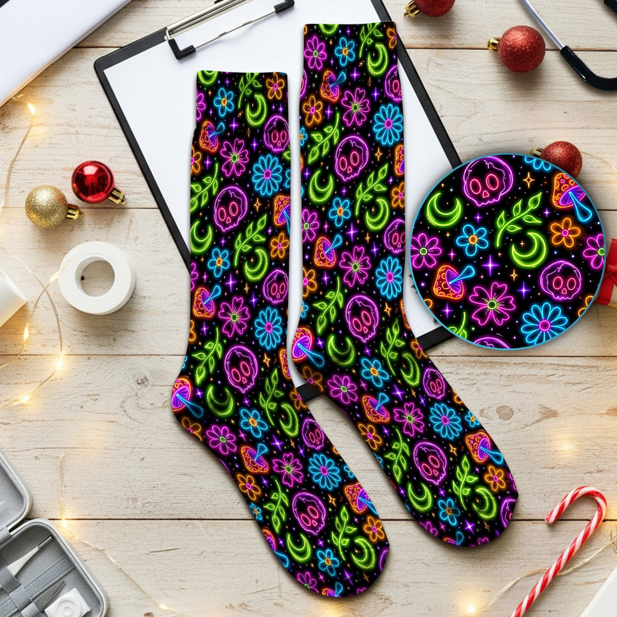 Neon Skull Mushroom Floral Nurse Socks