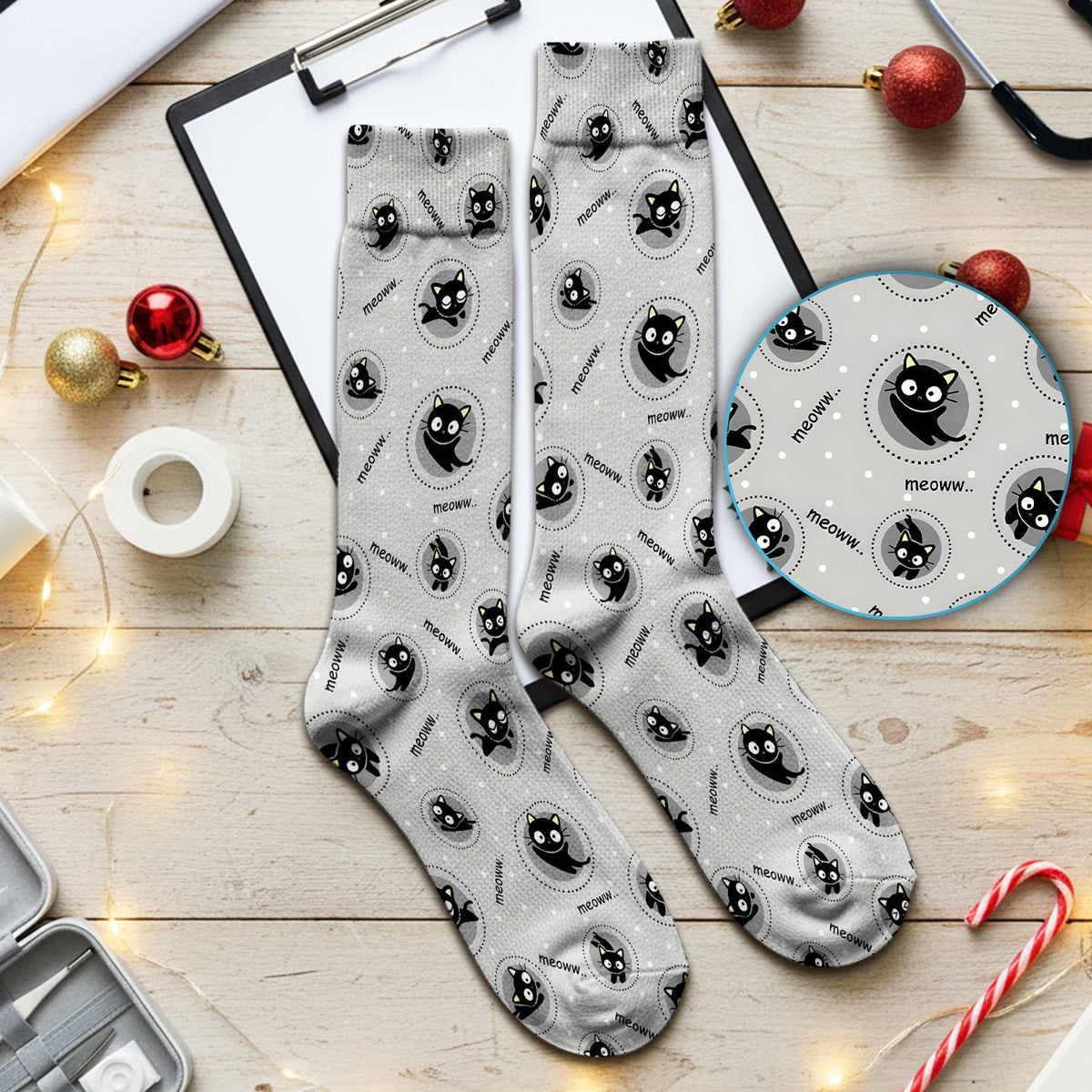Black Cat Meow Nurse Socks