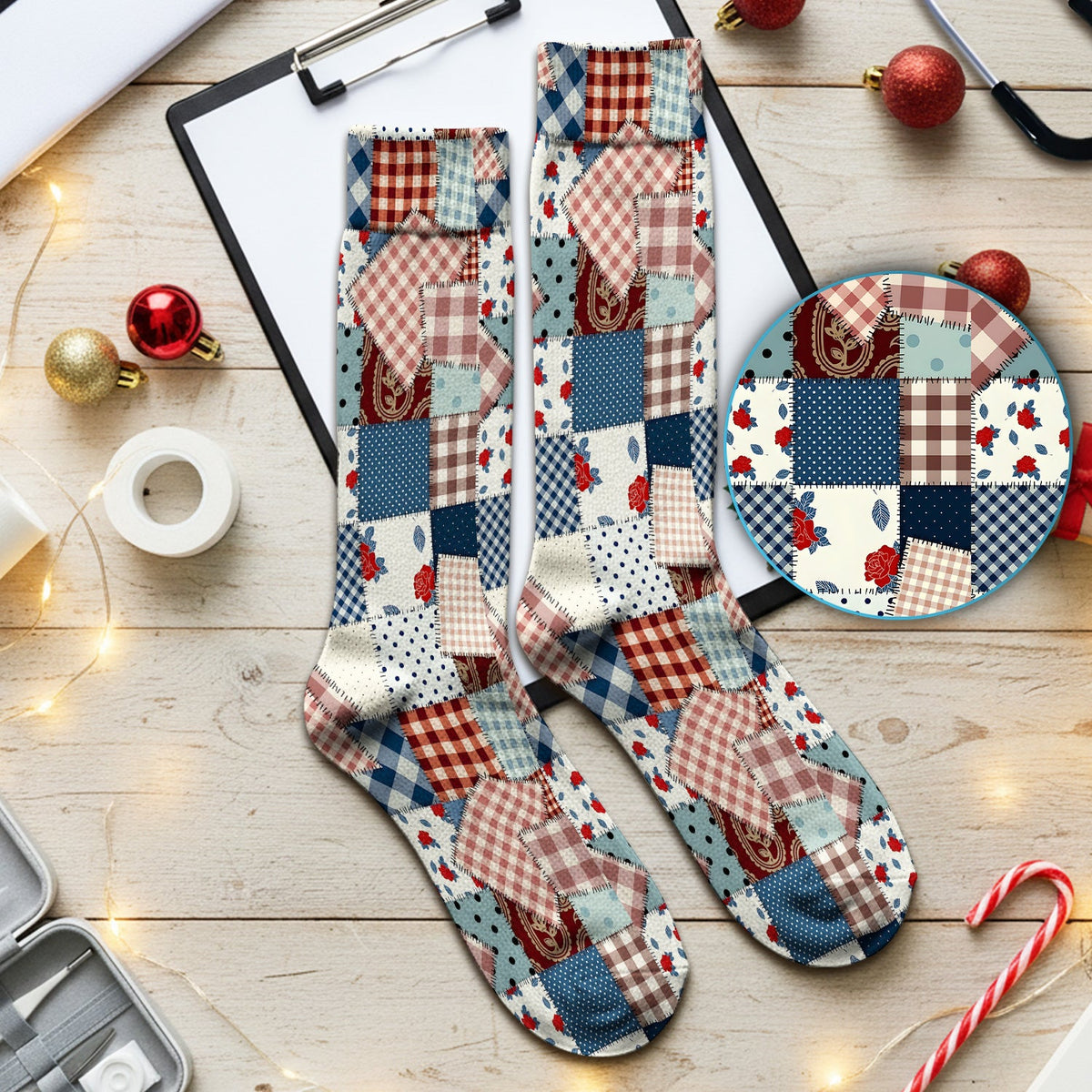Retro Patchwork Plaid Quilt Nurse Socks