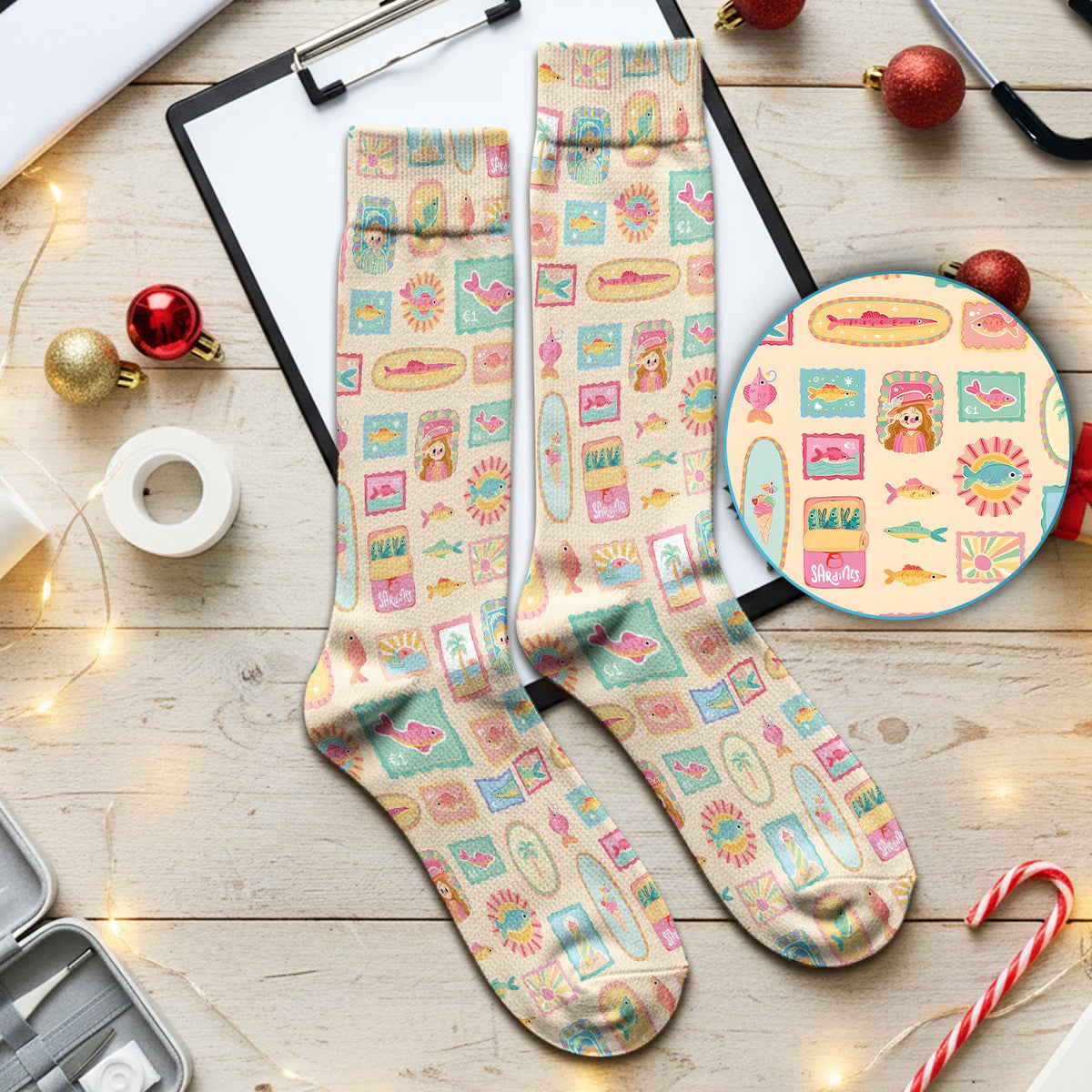 Coastal Vintage Postage Stamp Nurse Socks