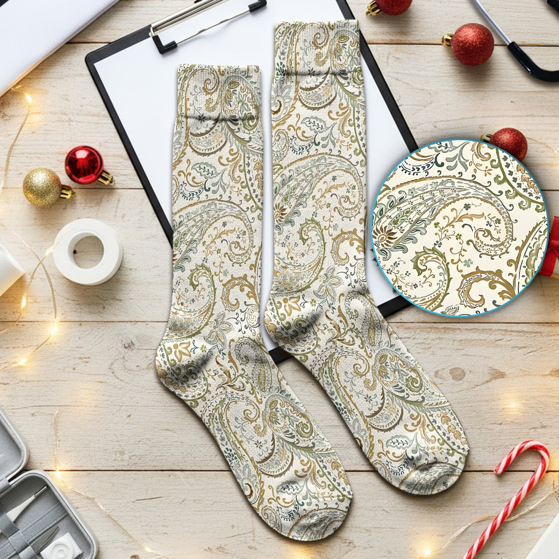 Elegant Sage Green Vintage Paisley Floral Vine Nurse Socks