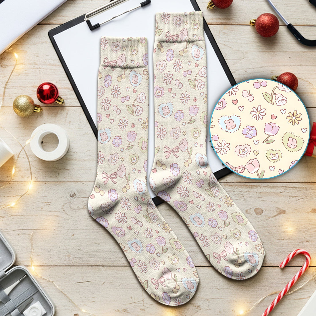 Pastel Bunny Flower Heart Nurse Socks