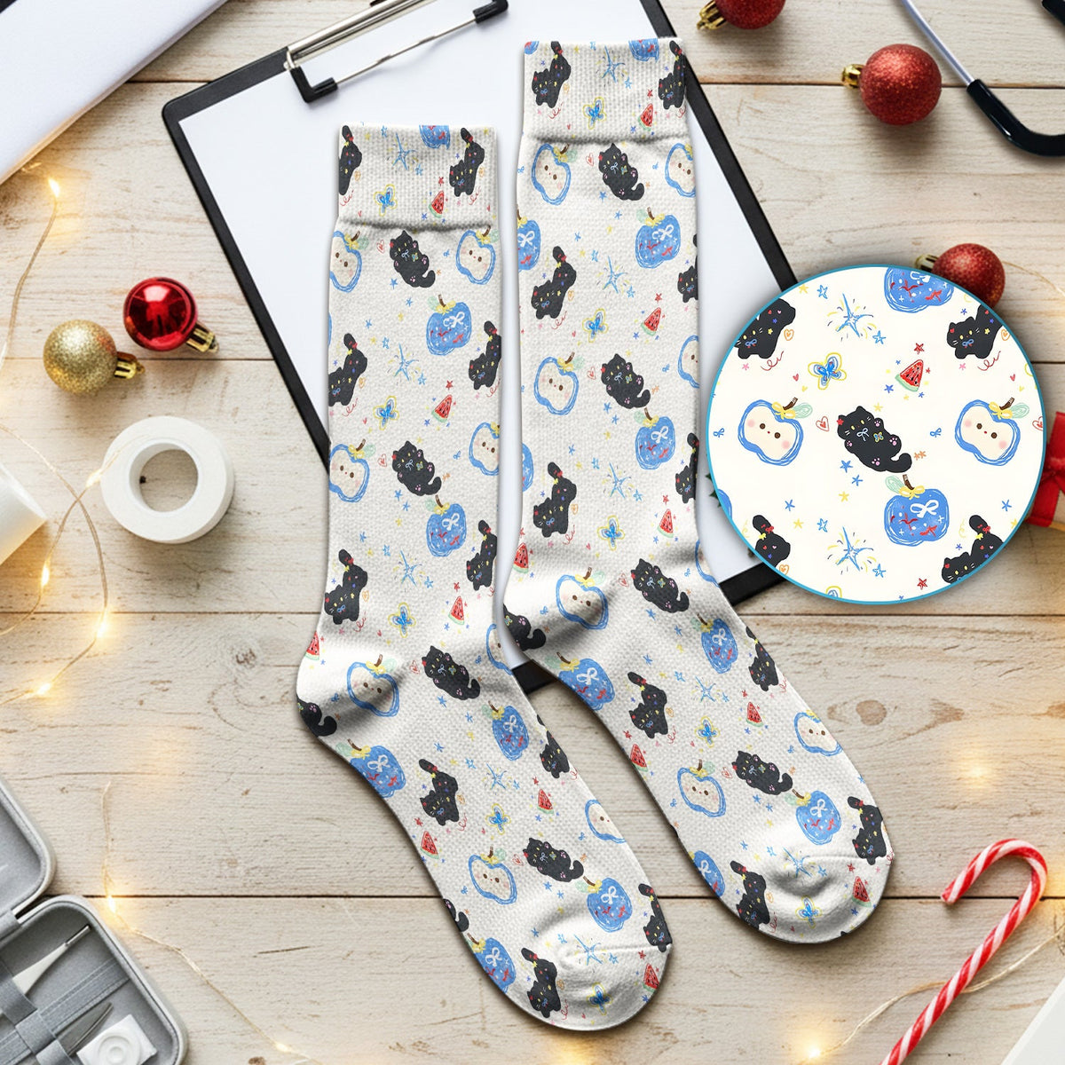 Cute Black Cat Apple Nurse Socks