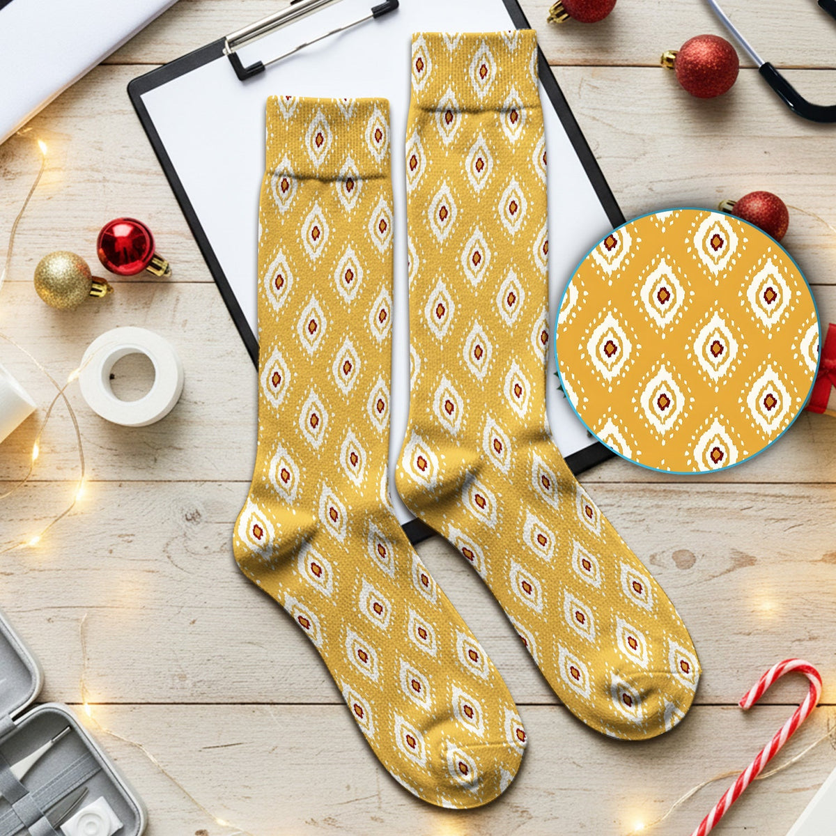 Mustard Geometric Ikat Nurse Socks