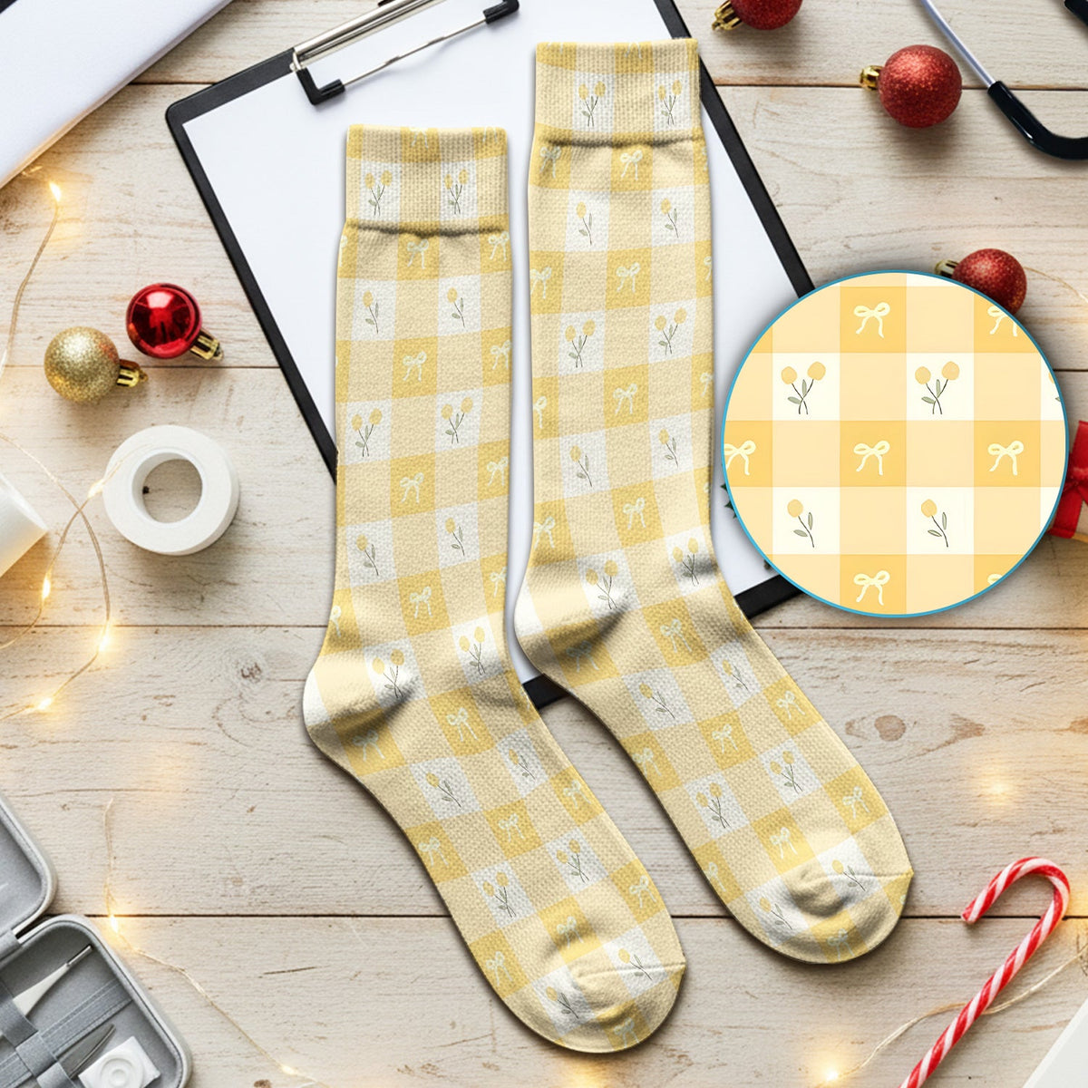 Yellow Gingham Bow Floral Nurse Socks