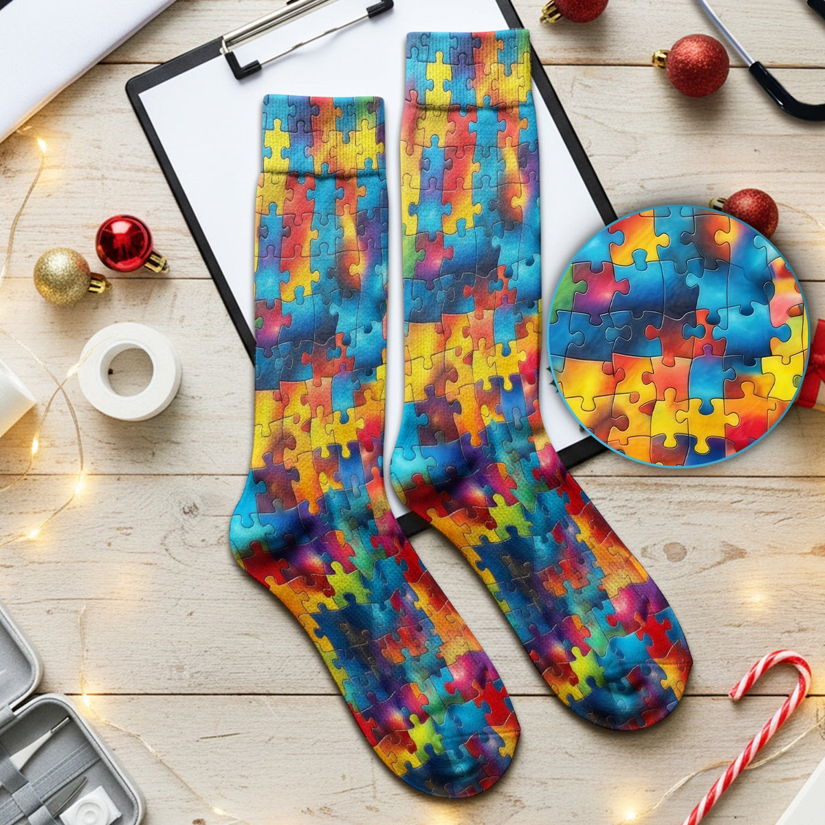 Rainbow Puzzle Piece Nurse Socks