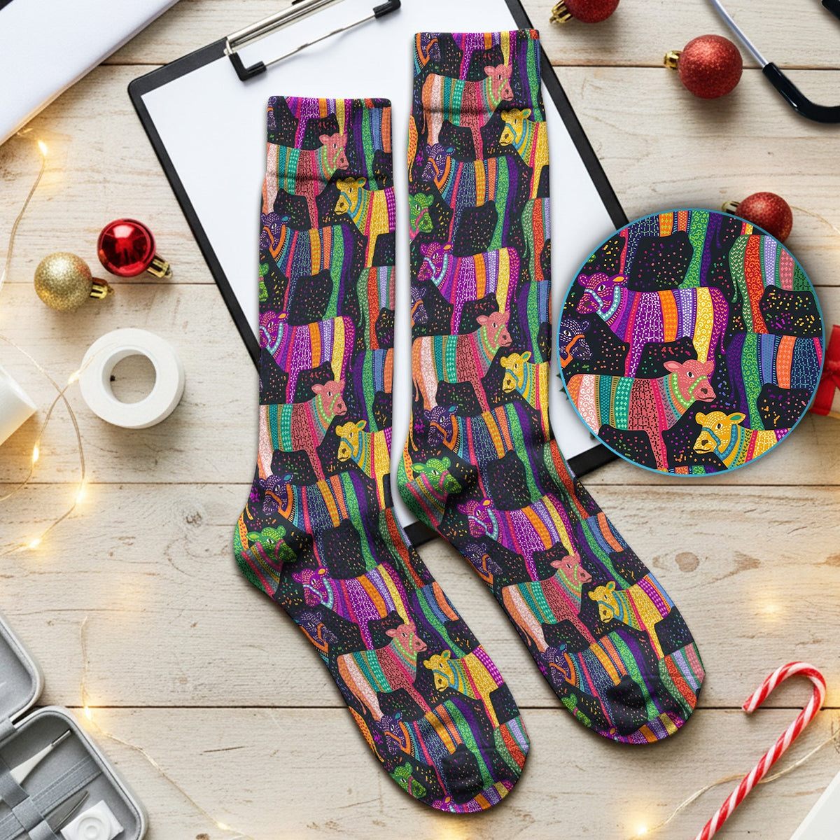 Vibrant Patchwork Rainbow Cow Nurse Socks