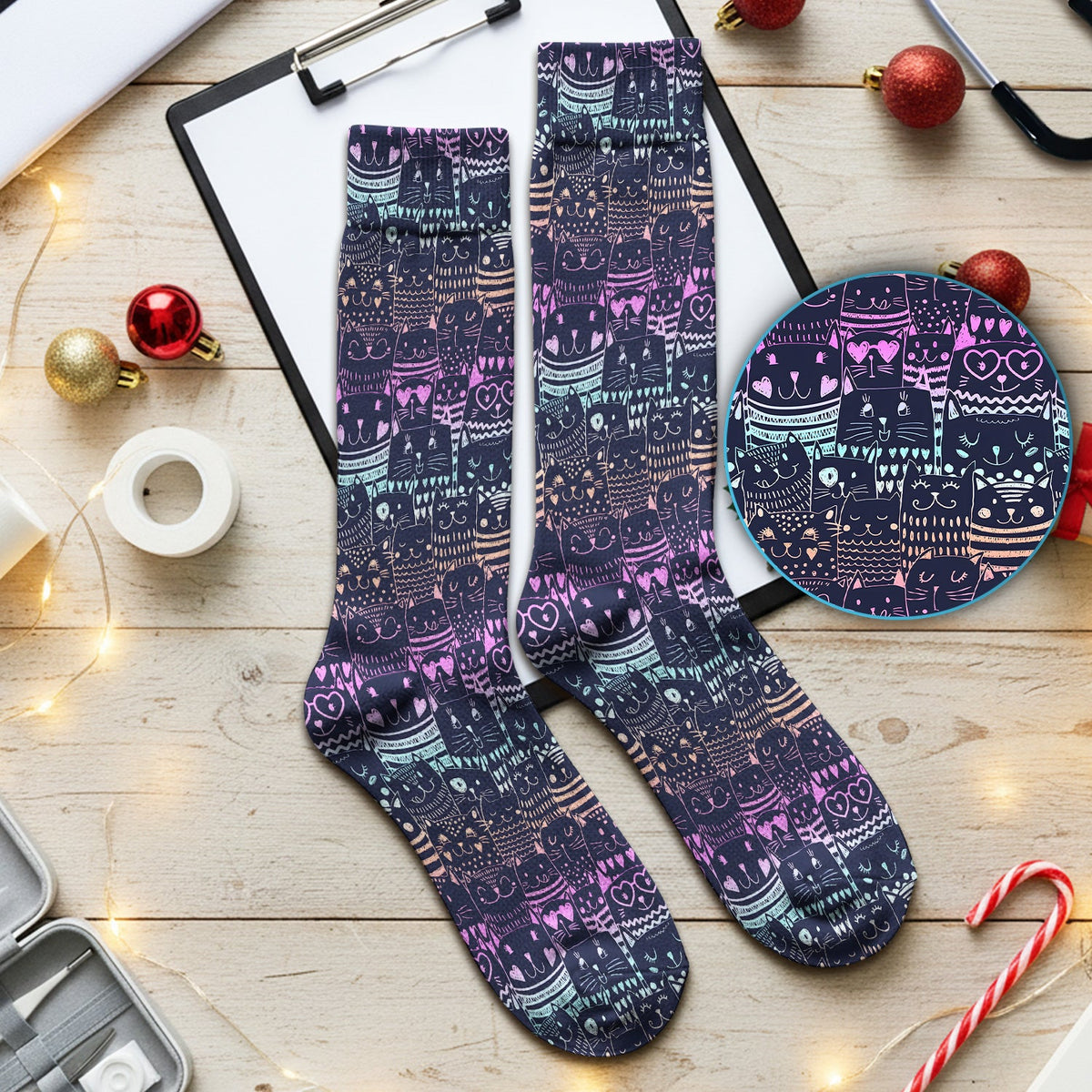 Neon Cat Faces Nurse Socks
