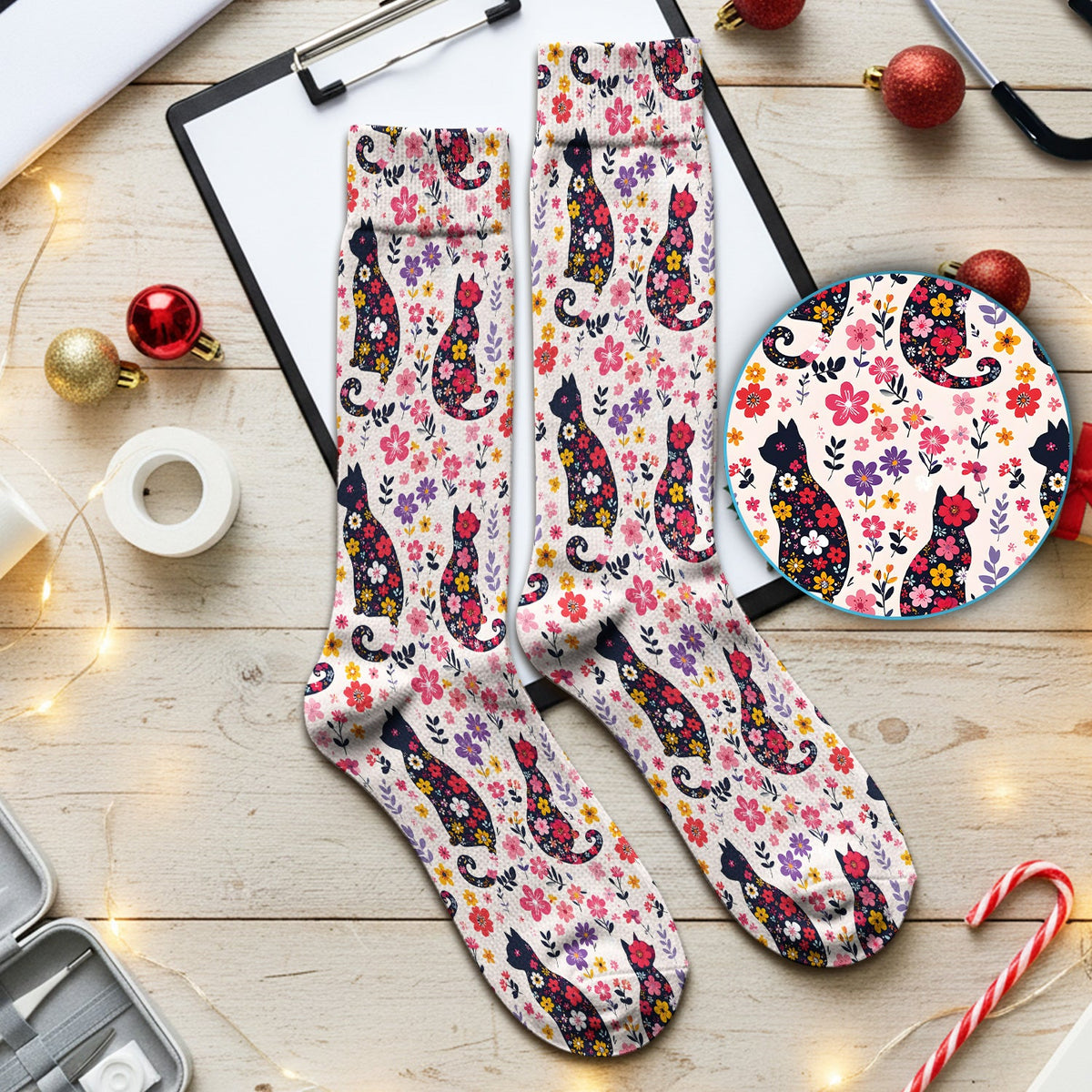 Floral Cat Silhouette Spring Garden Nurse Socks